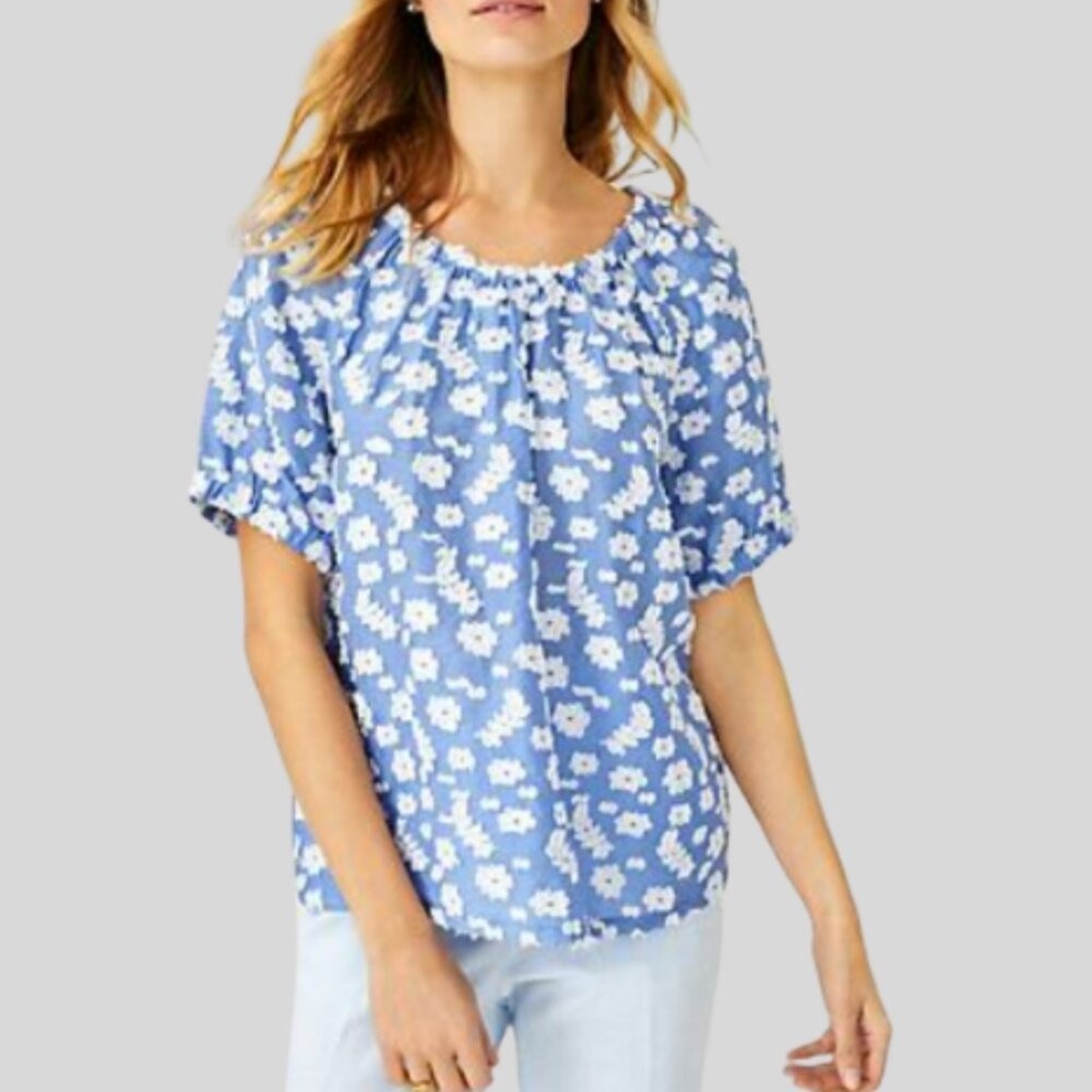 Ann Taylor Floral Clip Puff Sleeve Top Windswept Blue Size: Small NWT